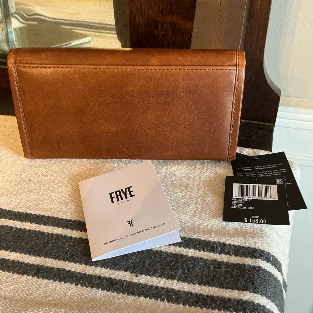 NWT Frye Leather Melissa Trifold Continental Snap Wallet Cognac Brown $158 - Picture 2 of 13